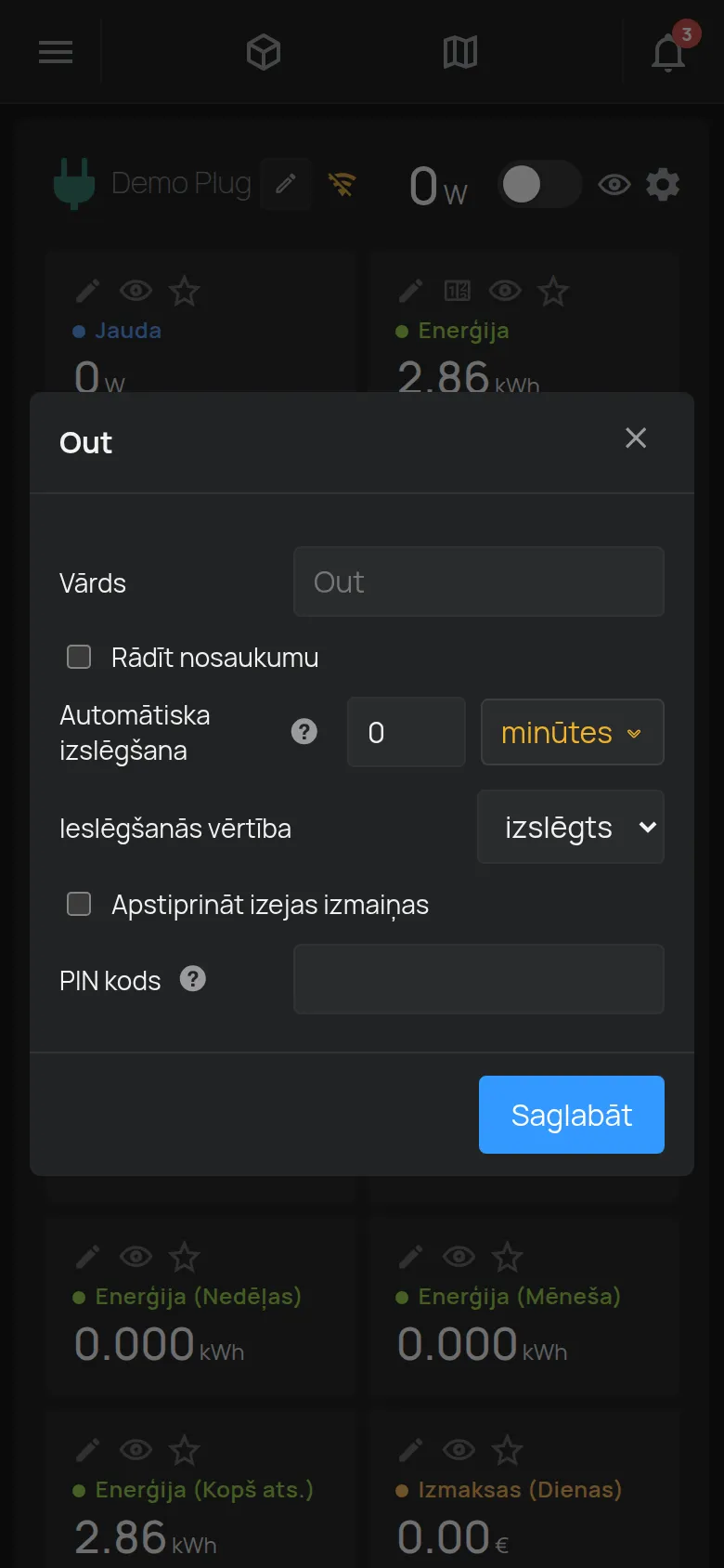 Izejas iestatījumu logs ar nosaukumu, automātisko izslēgšanu un PIN kodu