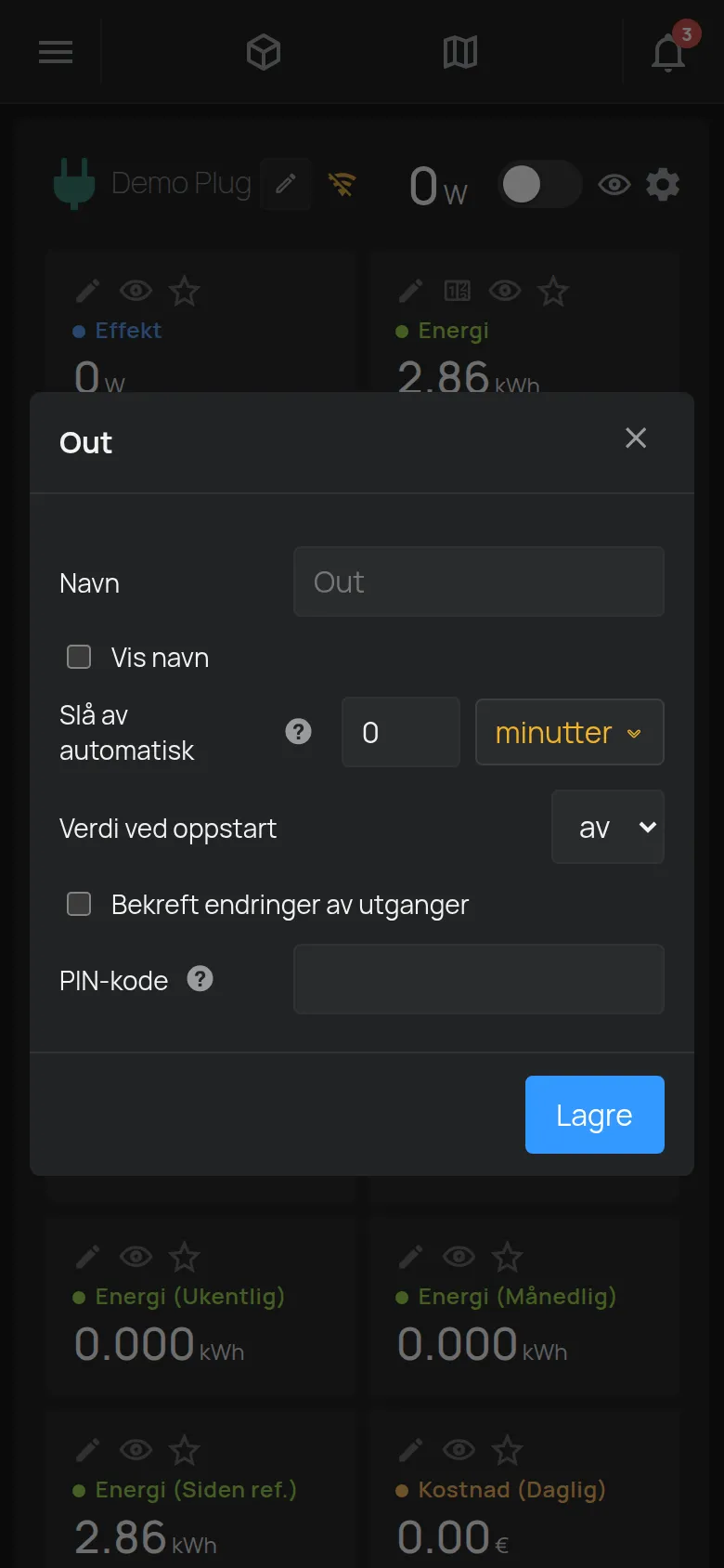 Vinduet med innstillinger for en utgang med navn, automatisk avslåing og PIN-kode
