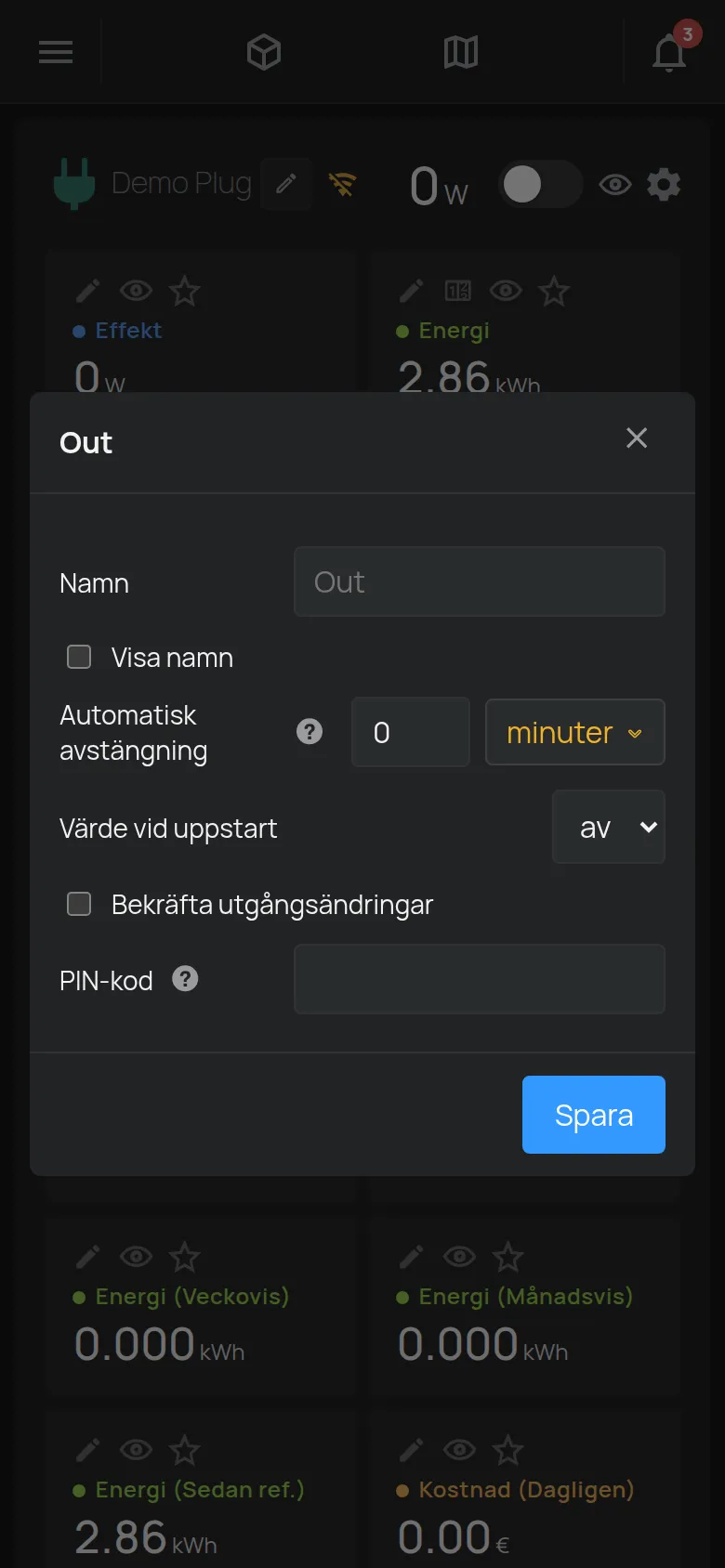 Inställningsfönstret för en utgång med namn, automatisk avstängning och PIN-kod