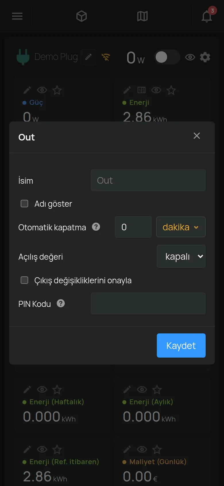 Ad, otomatik kapatma ve PIN ile bir çıkışın ayarlar penceresi