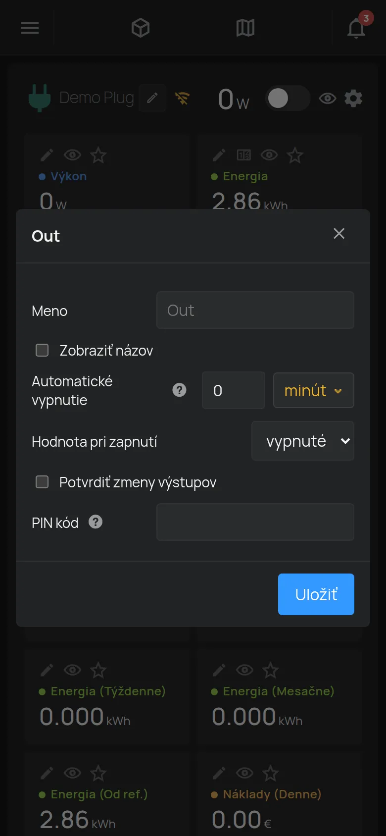Okno nastavení výstupu s názvom, automatickým vypnutím a PIN