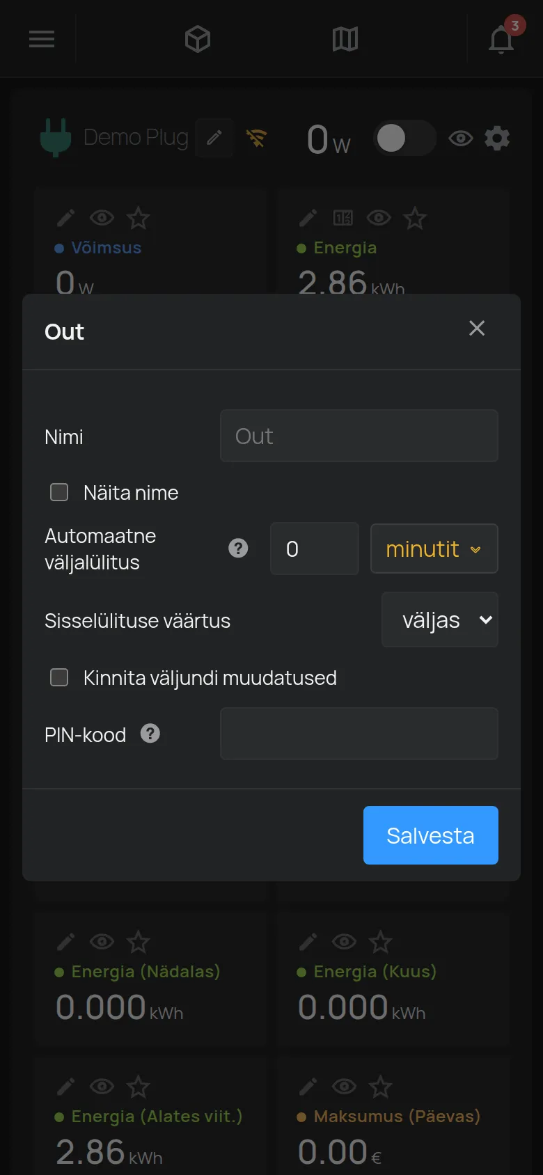 Väljundi sätete aken nime, automaatse väljalülituse ja PIN-koodiga