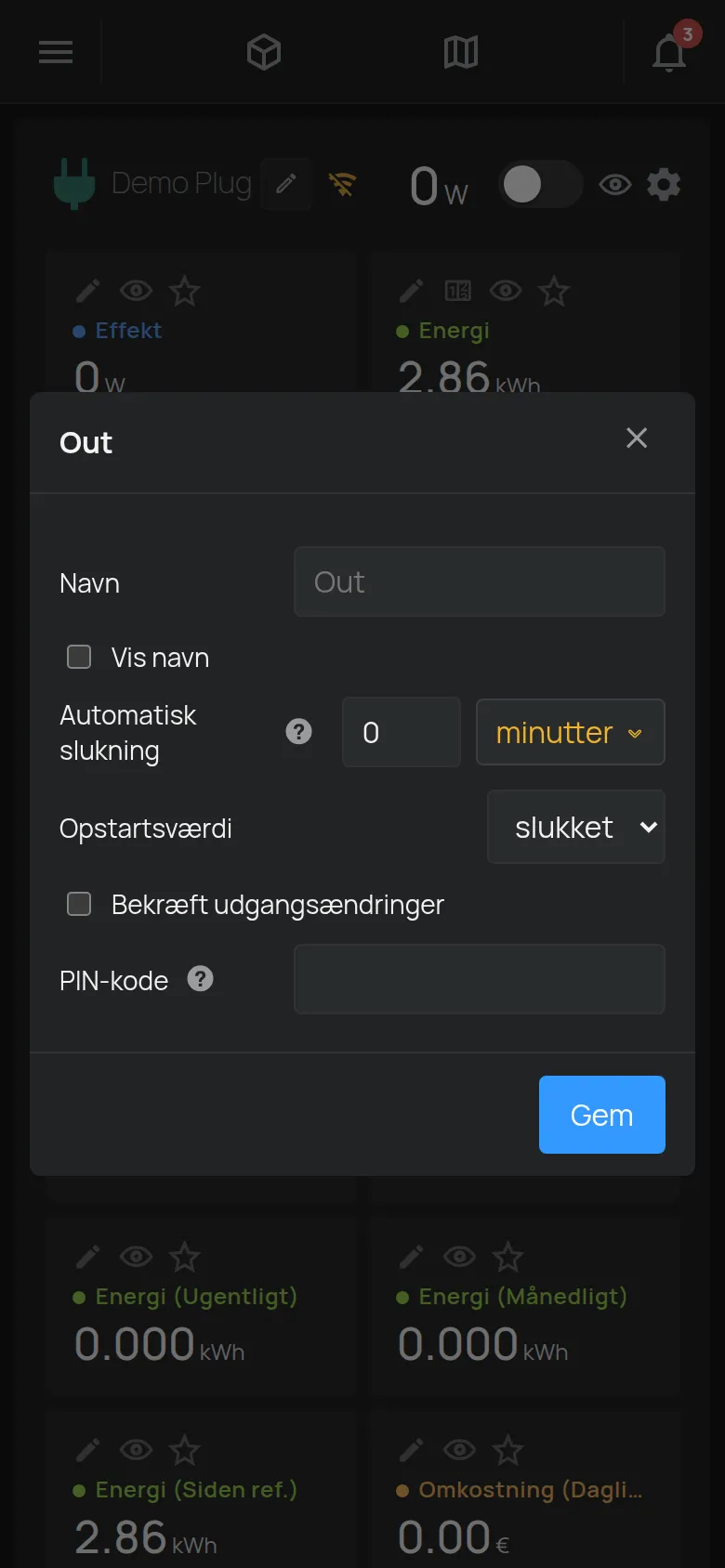 Vinduet med indstillinger for en udgang med navn, automatisk slukning og PIN-kode