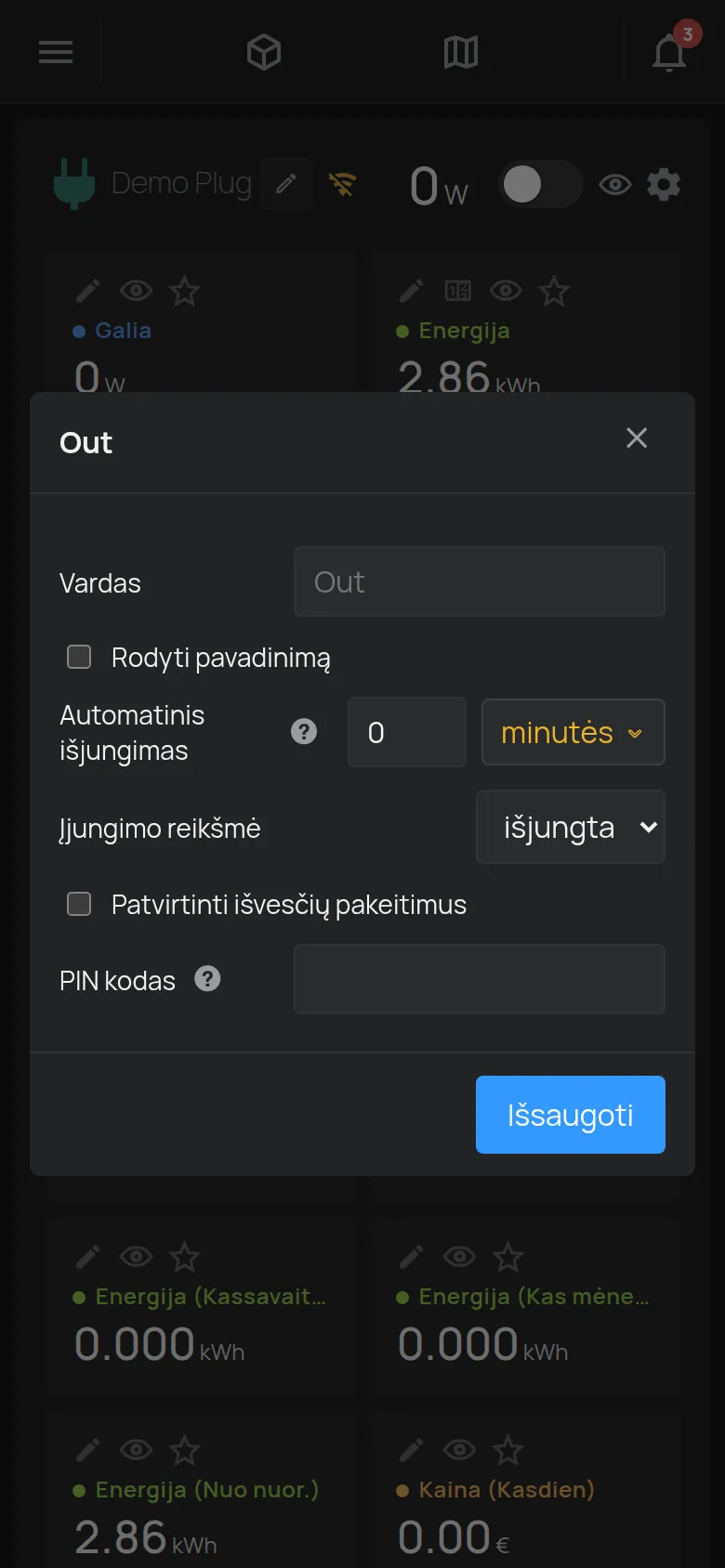 Išvesties nustatymų langas su pavadinimu, automatiniu išjungimu ir PIN kodu