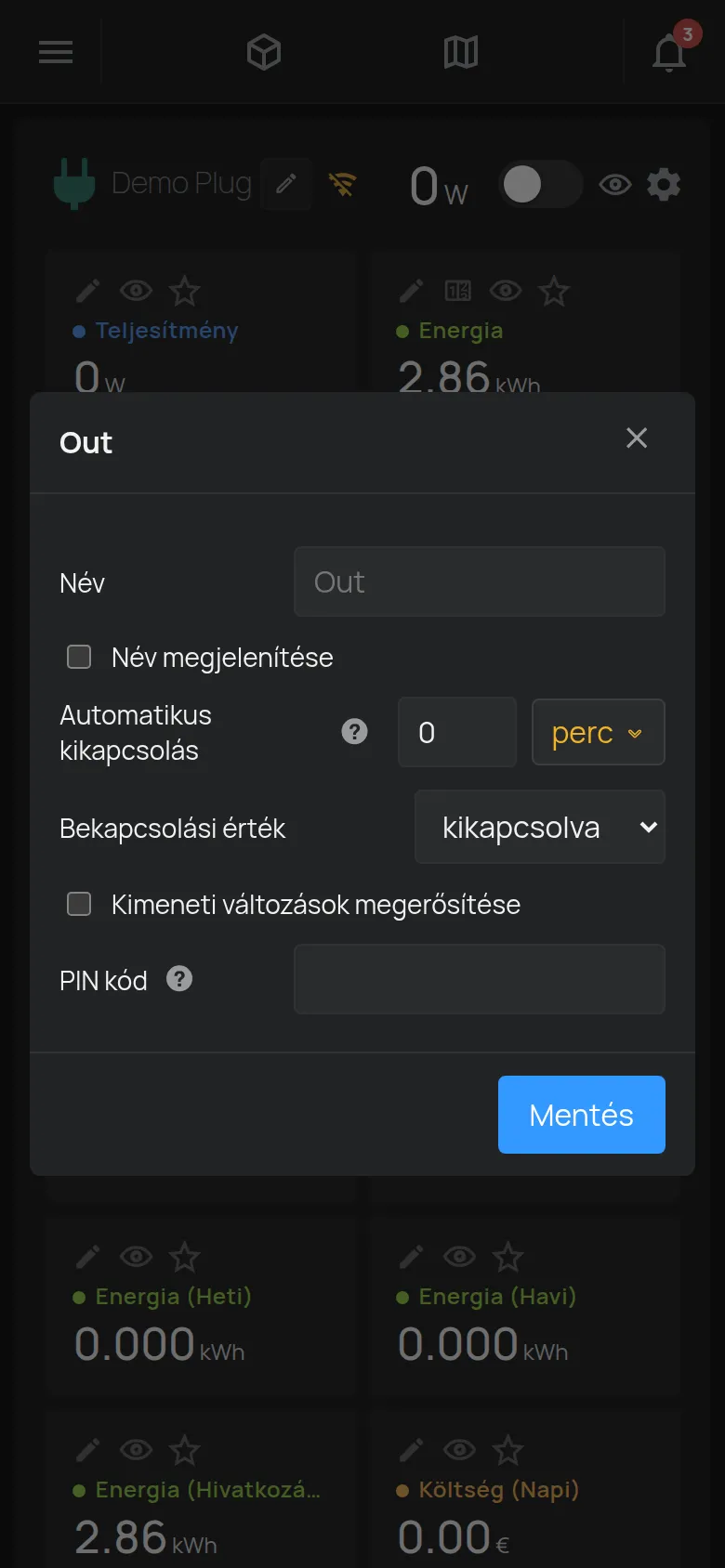 Egy kimenet beállítási ablaka a névvel, az automatikus kikapcsolással és a PIN kóddal