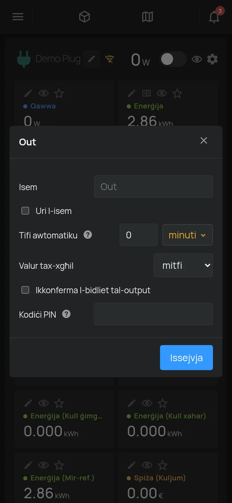 It-tieqa tas-settings ta' output bl-isem, it-tifi awtomatiku u l-PIN