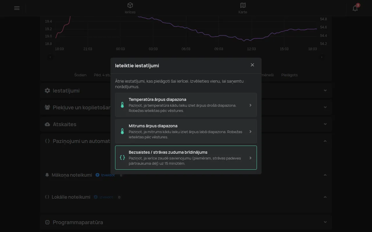 Logs Ieteiktie iestatījumi ar ieteikumiem temperatūras ierīcei