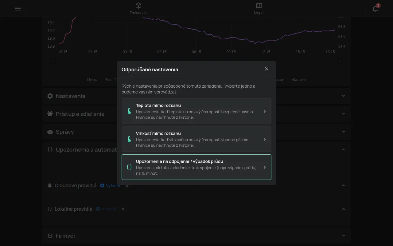 Okno Odporúčané nastavenia s návrhmi pre teplotné zariadenie