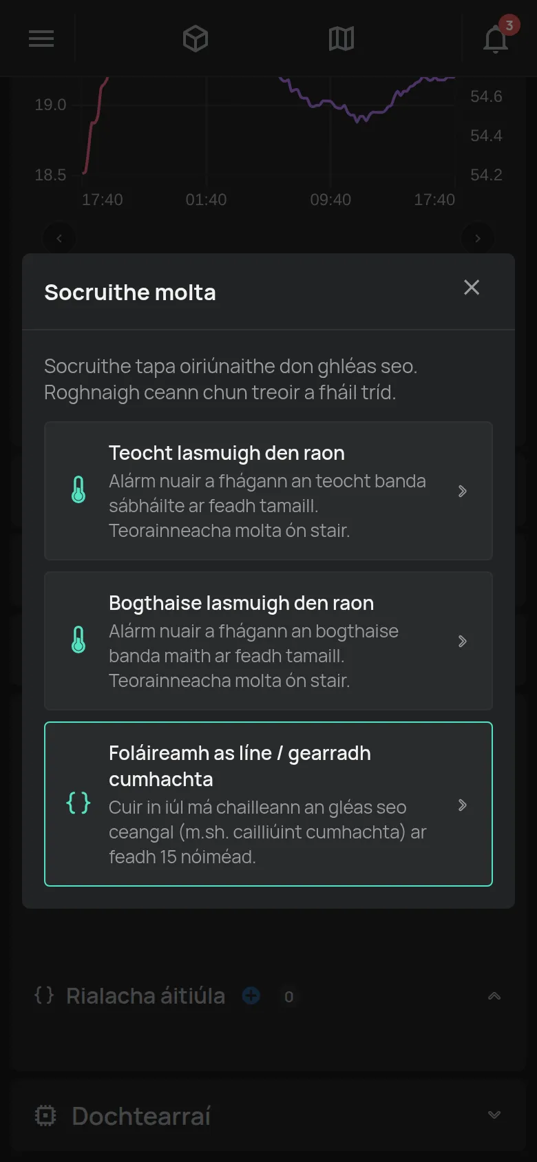 An fhuinneog Socruithe molta le moltaí do ghléas teochta