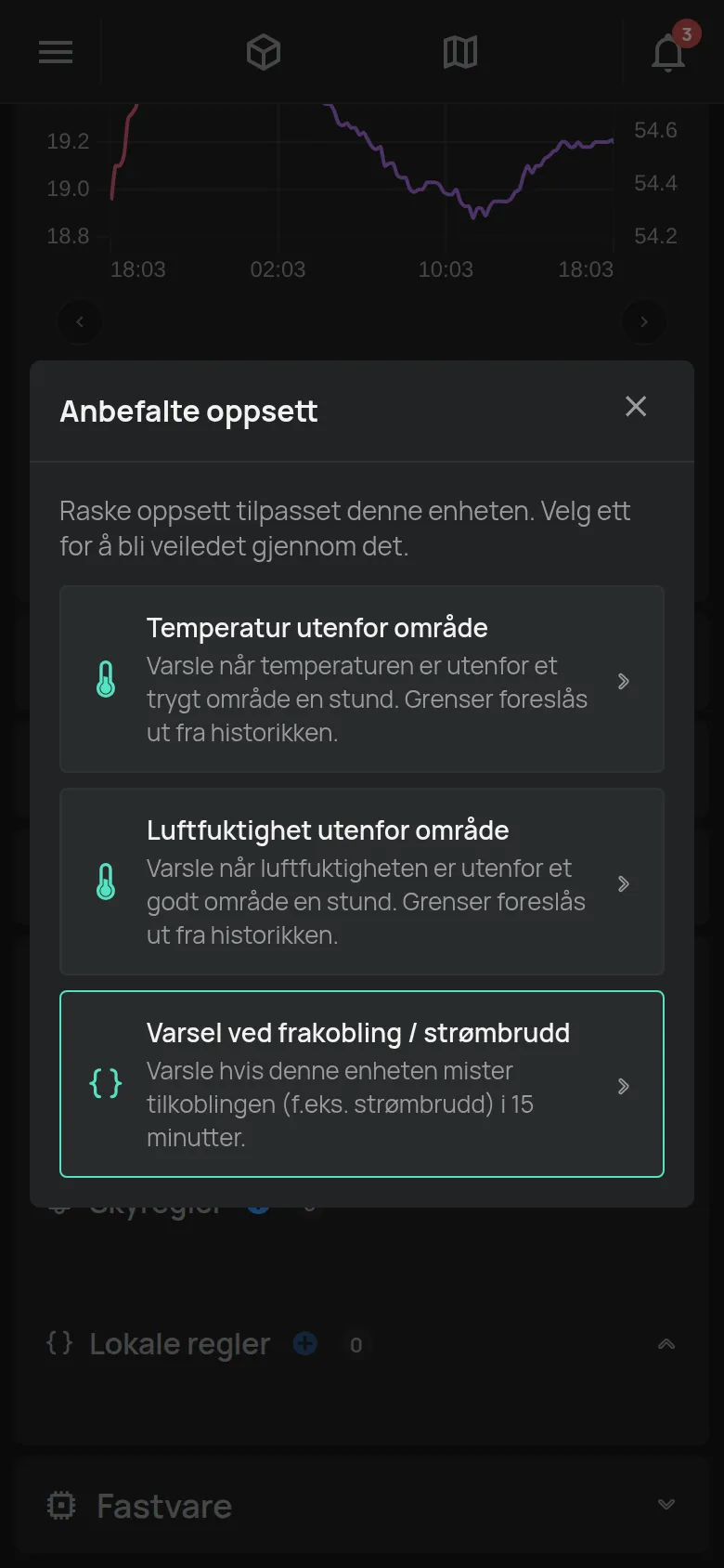 Vinduet Anbefalte oppsett med forslag for en temperaturenhet