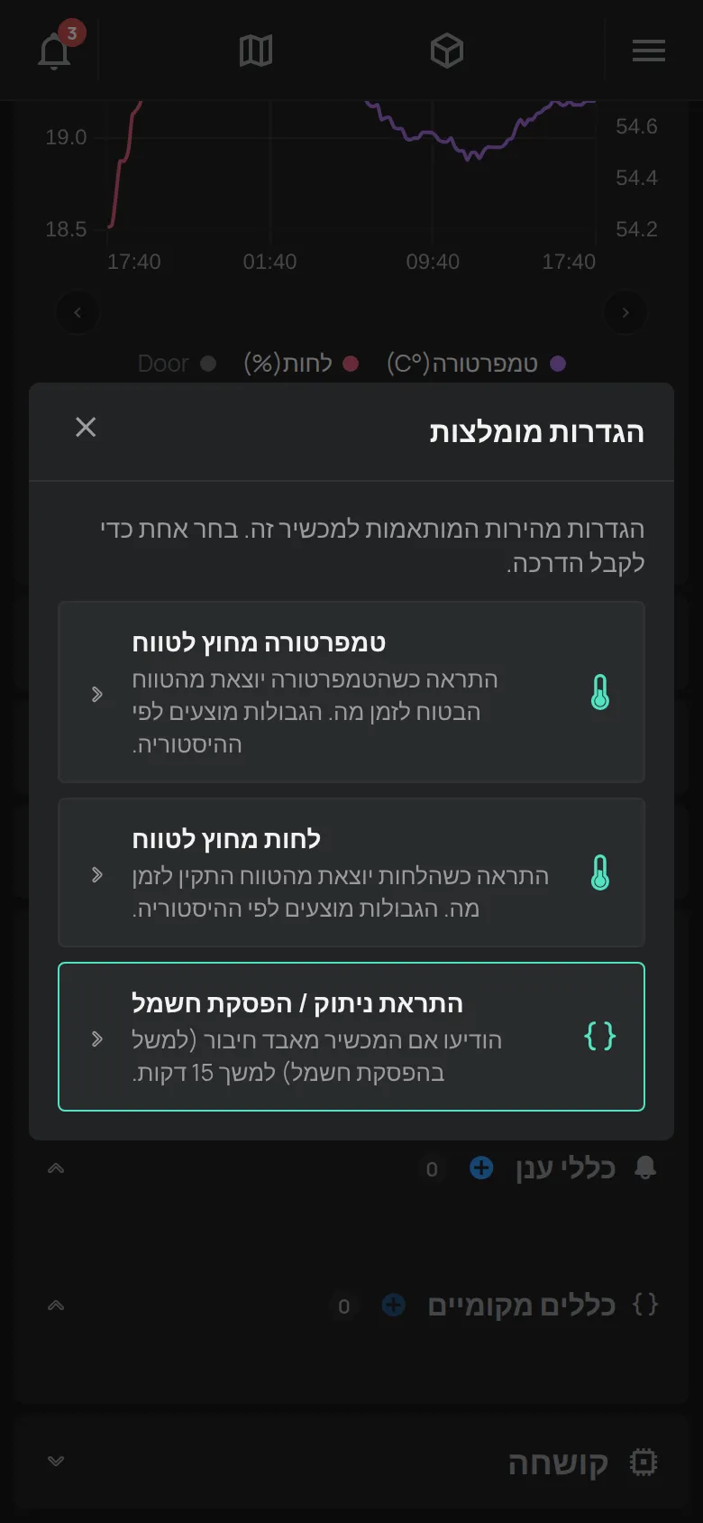 החלון הגדרות מומלצות עם הצעות למכשיר טמפרטורה