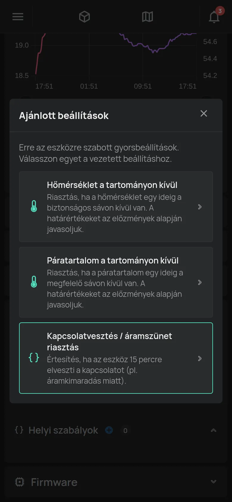 Az Ajánlott beállítások ablak egy hőmérsékletmérő eszköz javaslataival