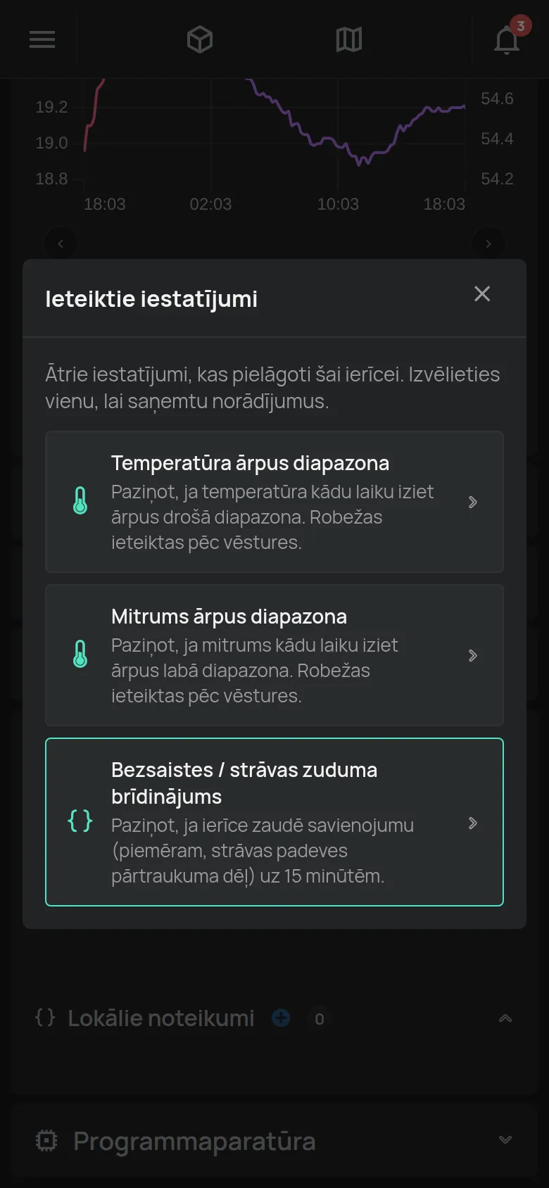 Logs Ieteiktie iestatījumi ar ieteikumiem temperatūras ierīcei