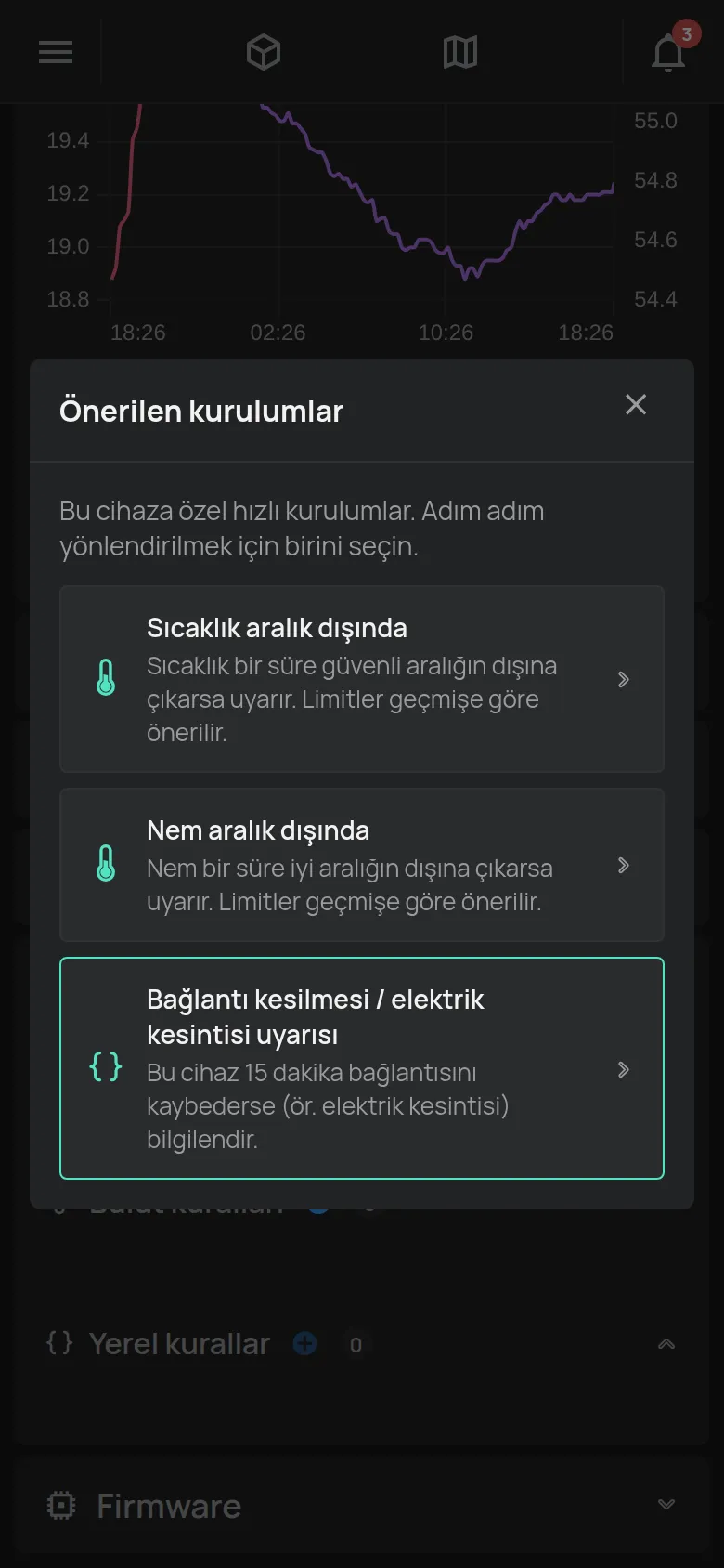 Bir sıcaklık cihazı için önerilerin olduğu Önerilen kurulumlar penceresi