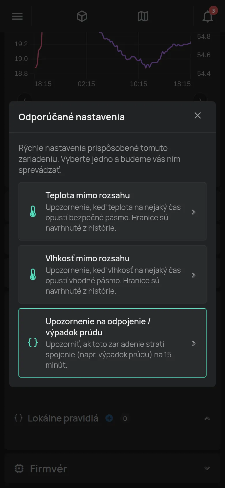 Okno Odporúčané nastavenia s návrhmi pre teplotné zariadenie