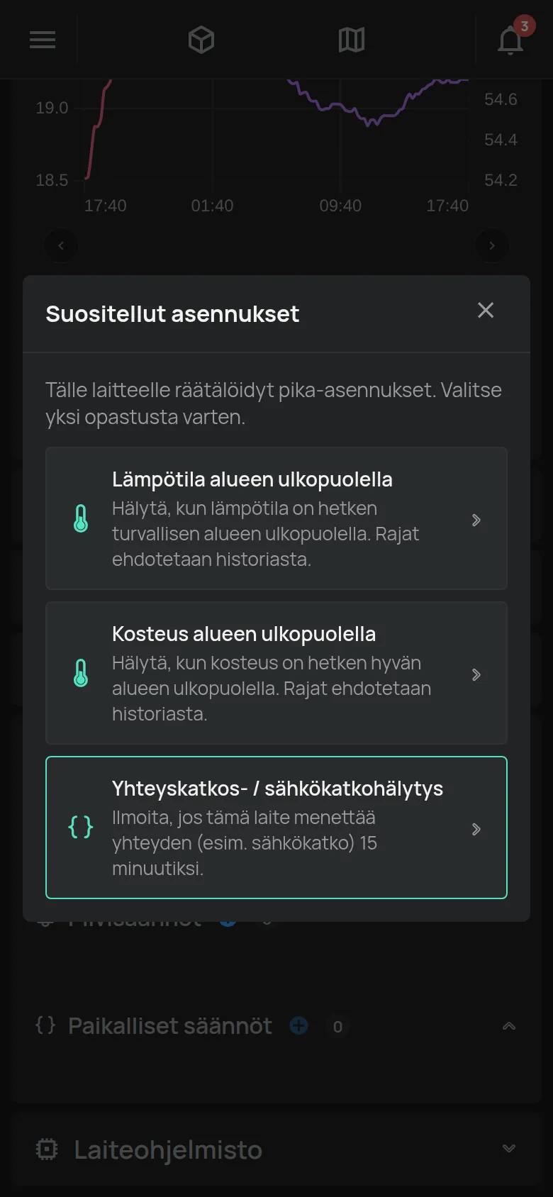 Suositellut asennukset -ikkuna ja ehdotukset lämpötilalaitteelle