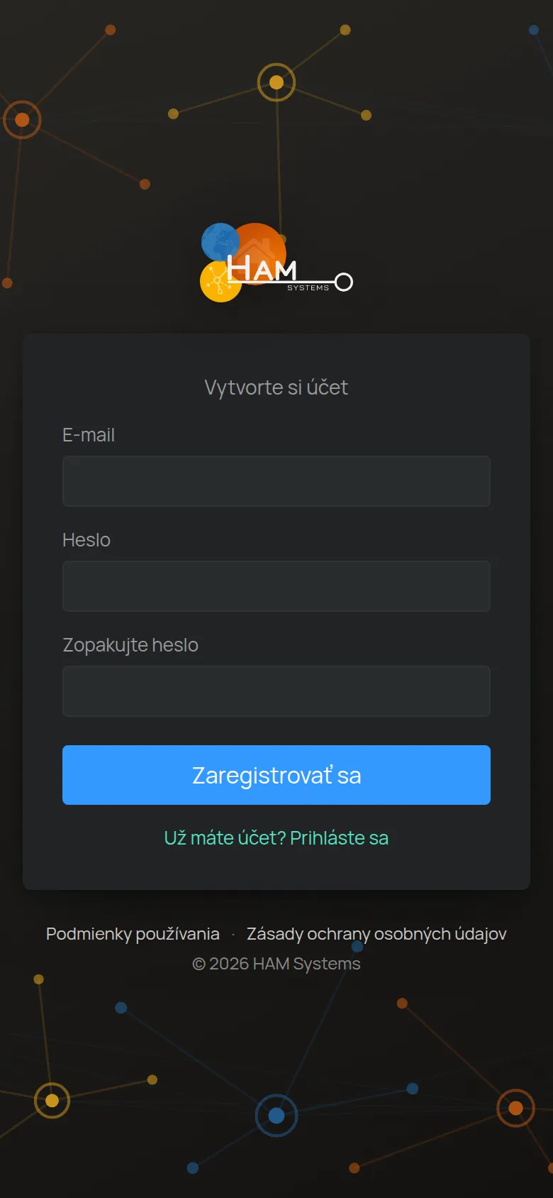 Obrazovka na vytvorenie účtu