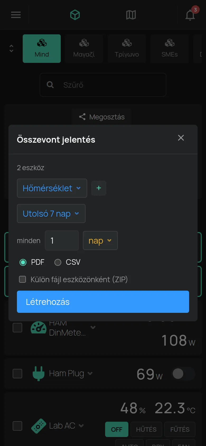 Az Összevont jelentés ablak