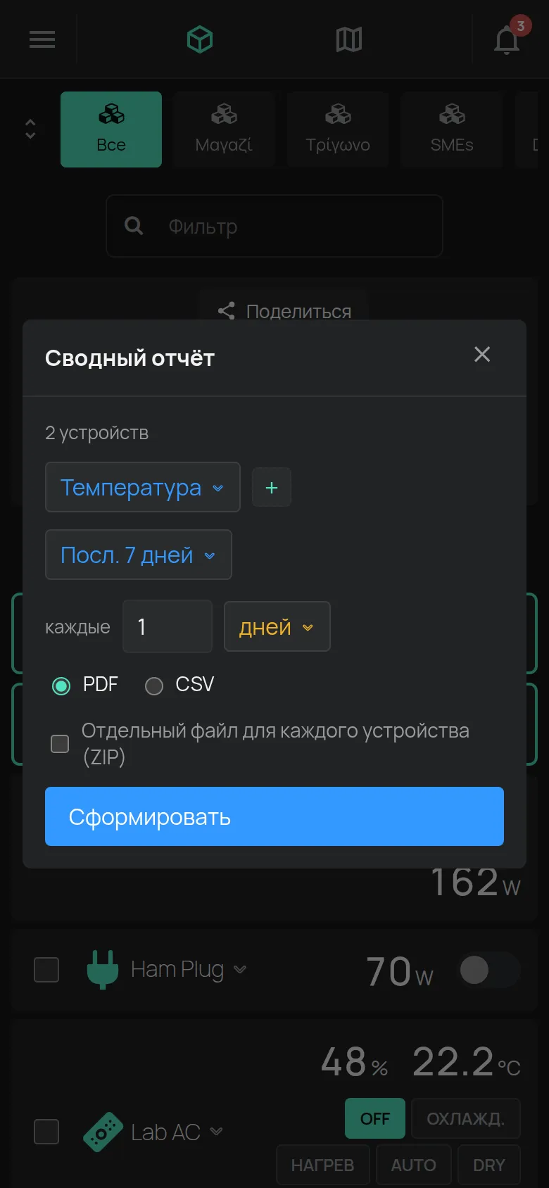 Окно Сводный отчёт