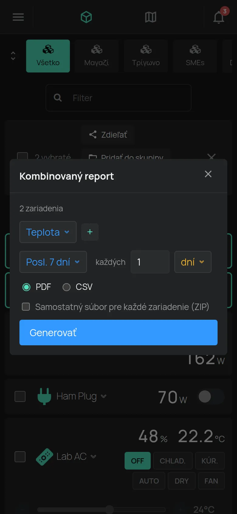 Okno Kombinovaný report
