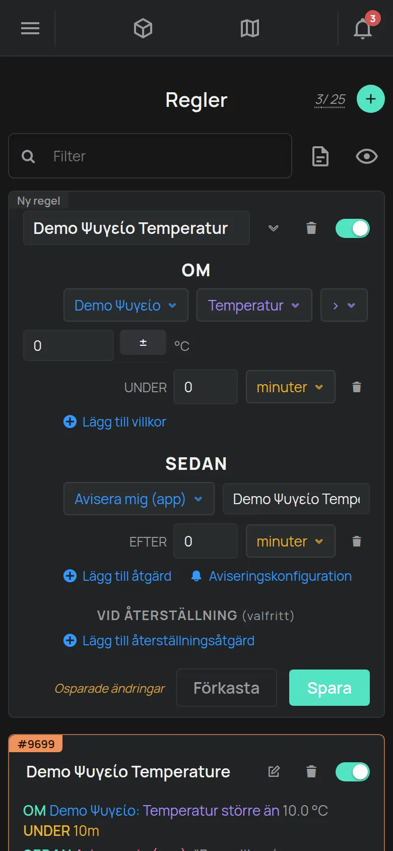 En ny regel med ett temperaturvillkor och en avisering i appen, bredvid en sparad regel