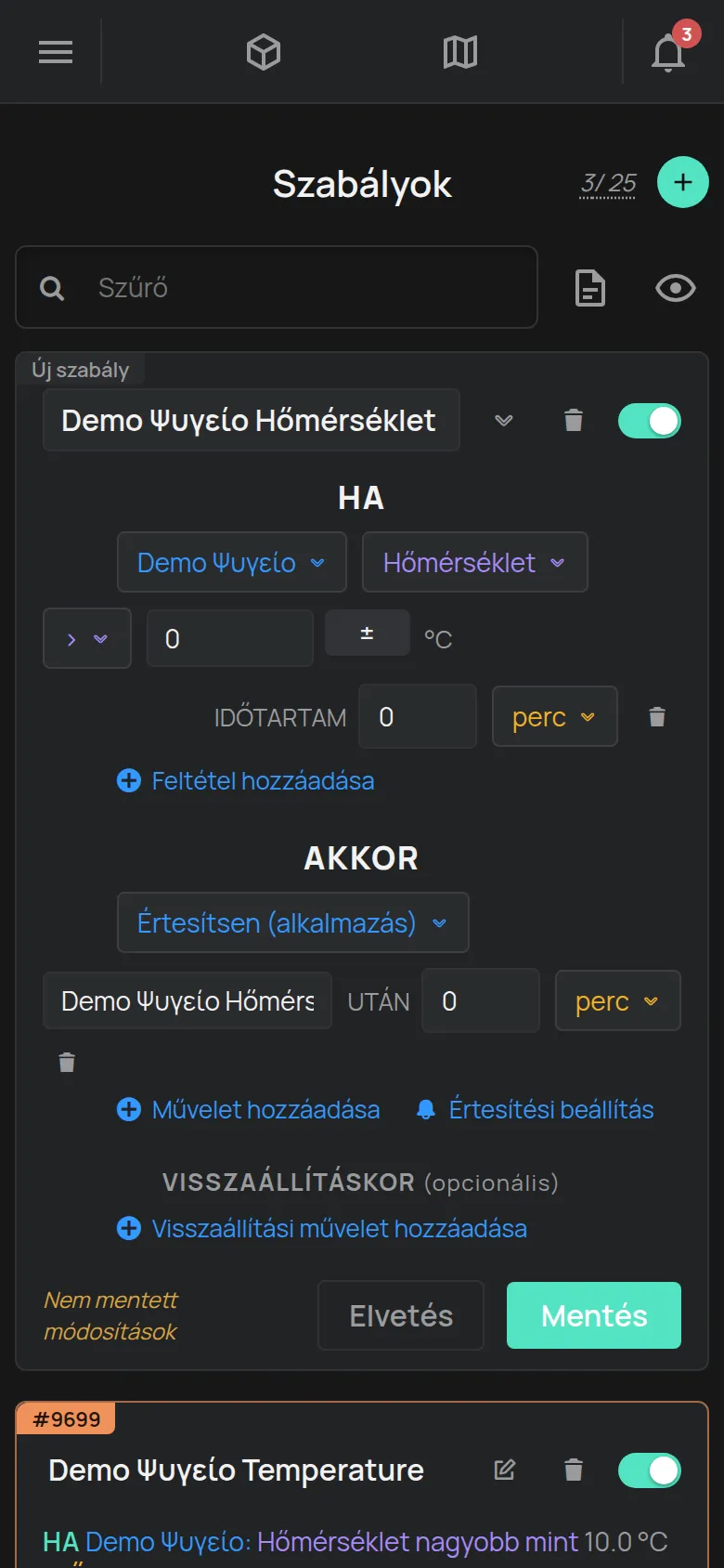 Egy új szabály hőmérsékleti feltétellel és alkalmazásbeli riasztással, egy mentett szabály mellett