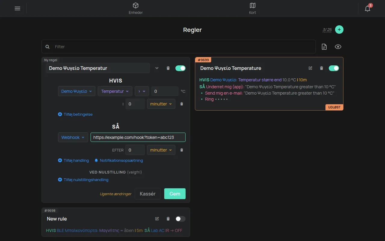 En regels handling indstillet til Webhook med feltet URL udfyldt