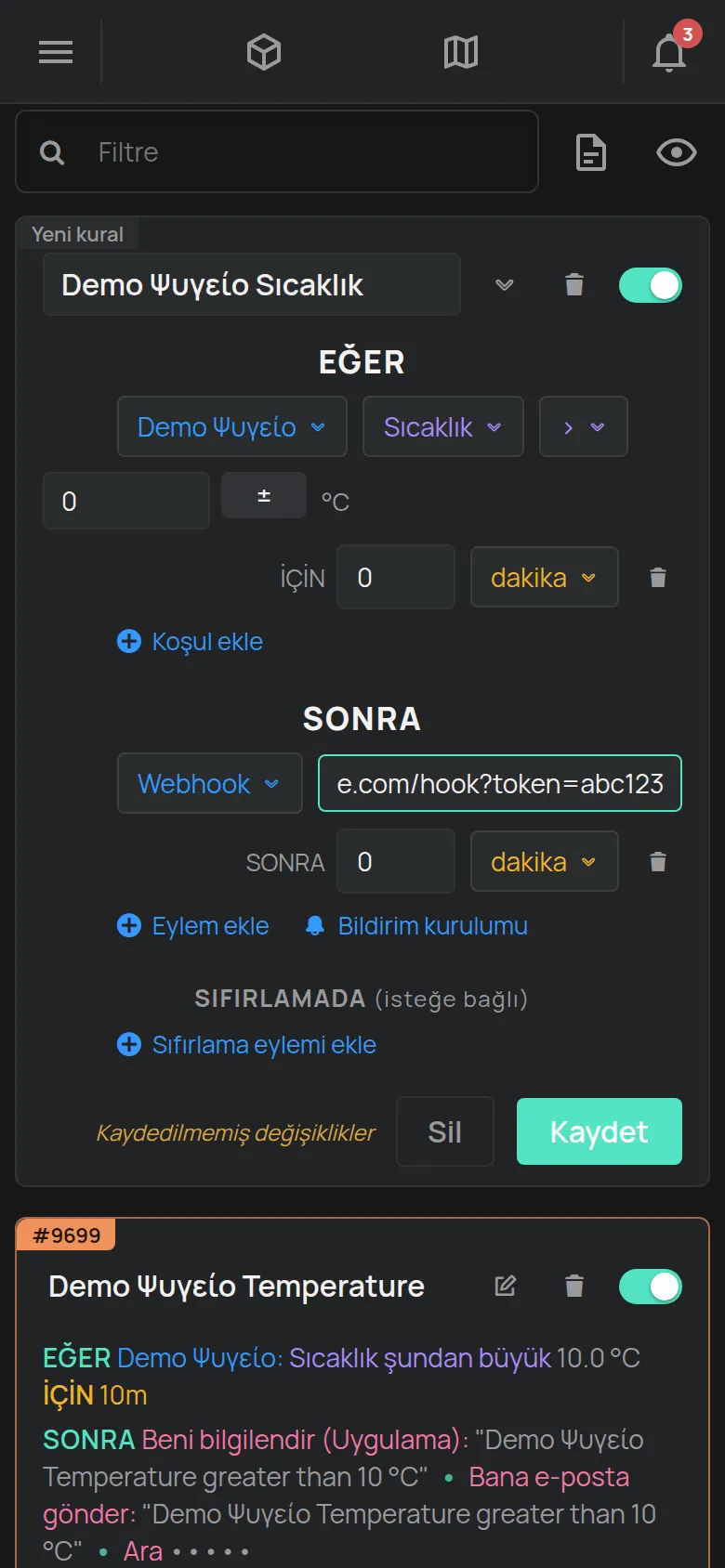 URL alanı doldurulmuş, Webhook olarak ayarlanmış bir kural eylemi