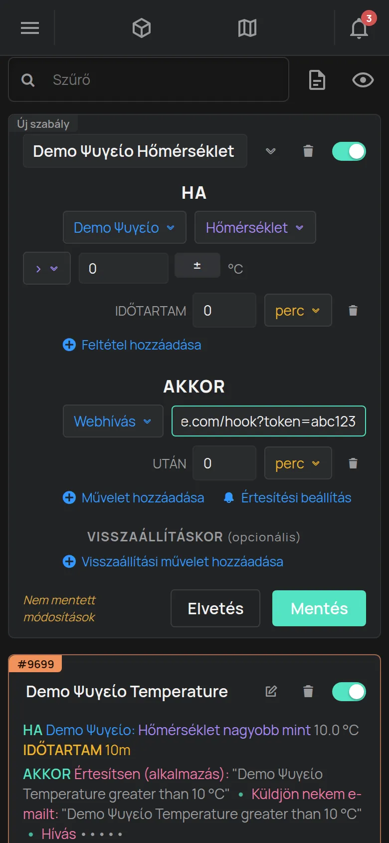 Egy Webhívás típusú szabályművelet kitöltött URL mezővel