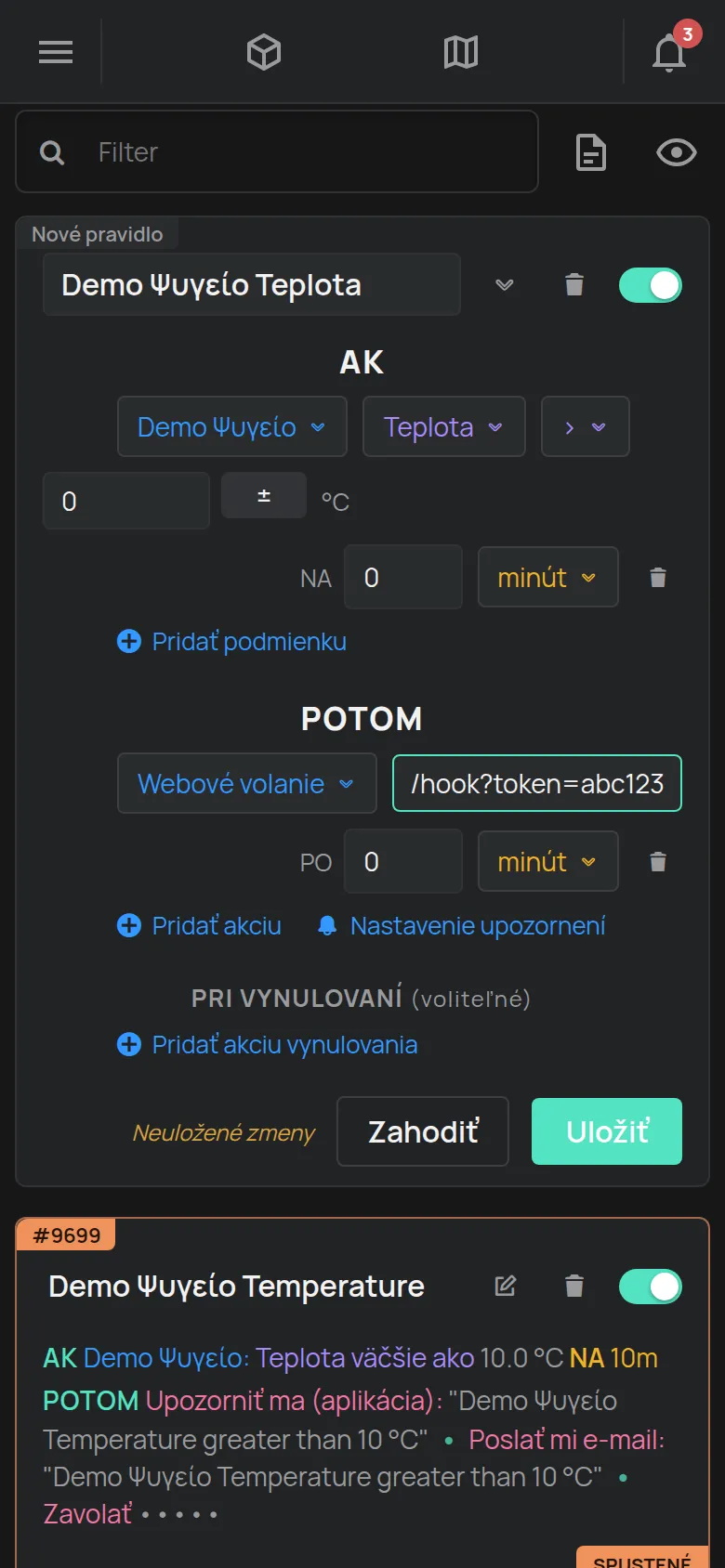 Akcia pravidla nastavená na Webové volanie s vyplneným poľom URL