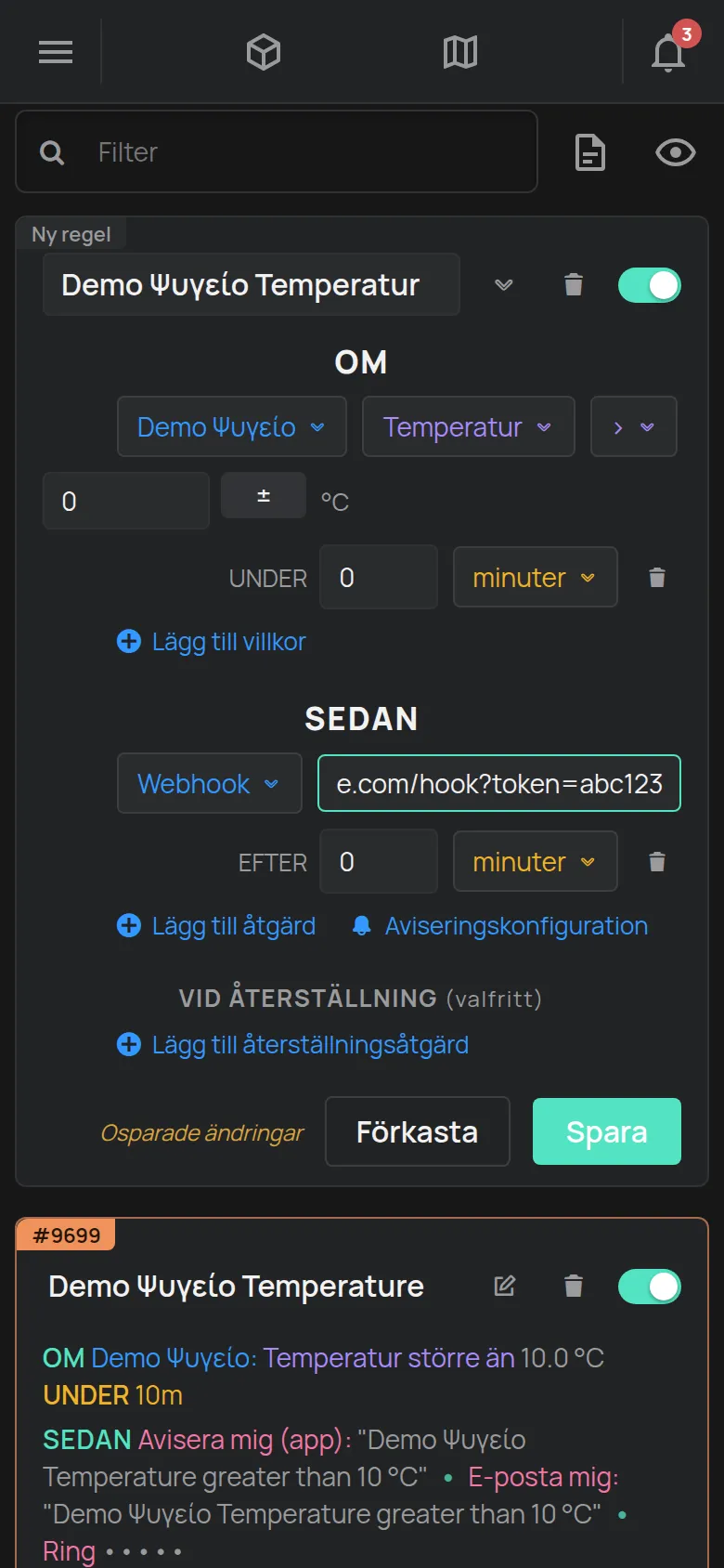 En regelåtgärd inställd på Webhook med fältet URL ifyllt