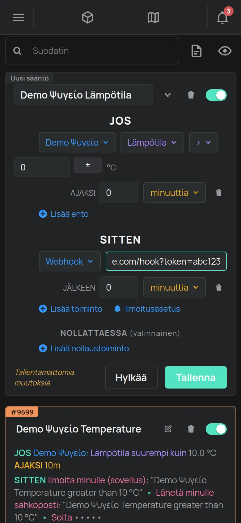 Säännön toiminto Webhook ja täytetty URL-kenttä