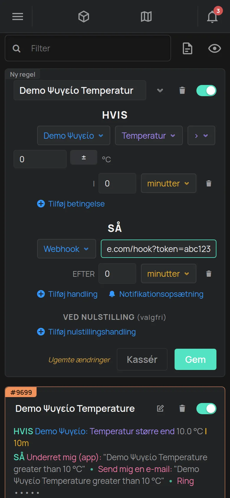 En regels handling indstillet til Webhook med feltet URL udfyldt