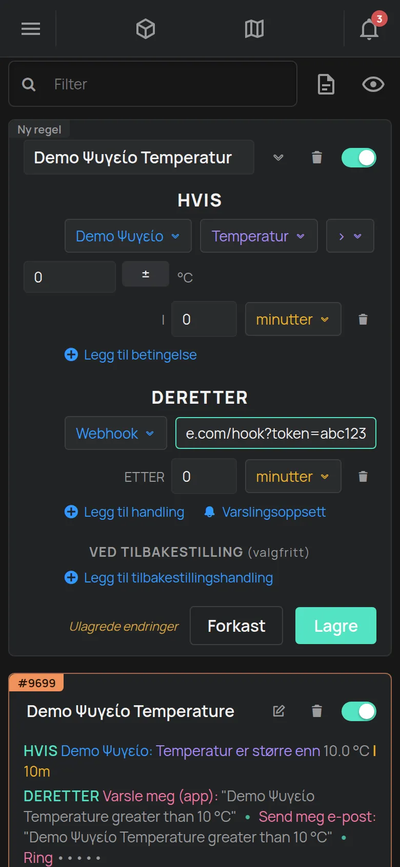 En handling i en regel med Webhook valgt og feltet URL utfylt