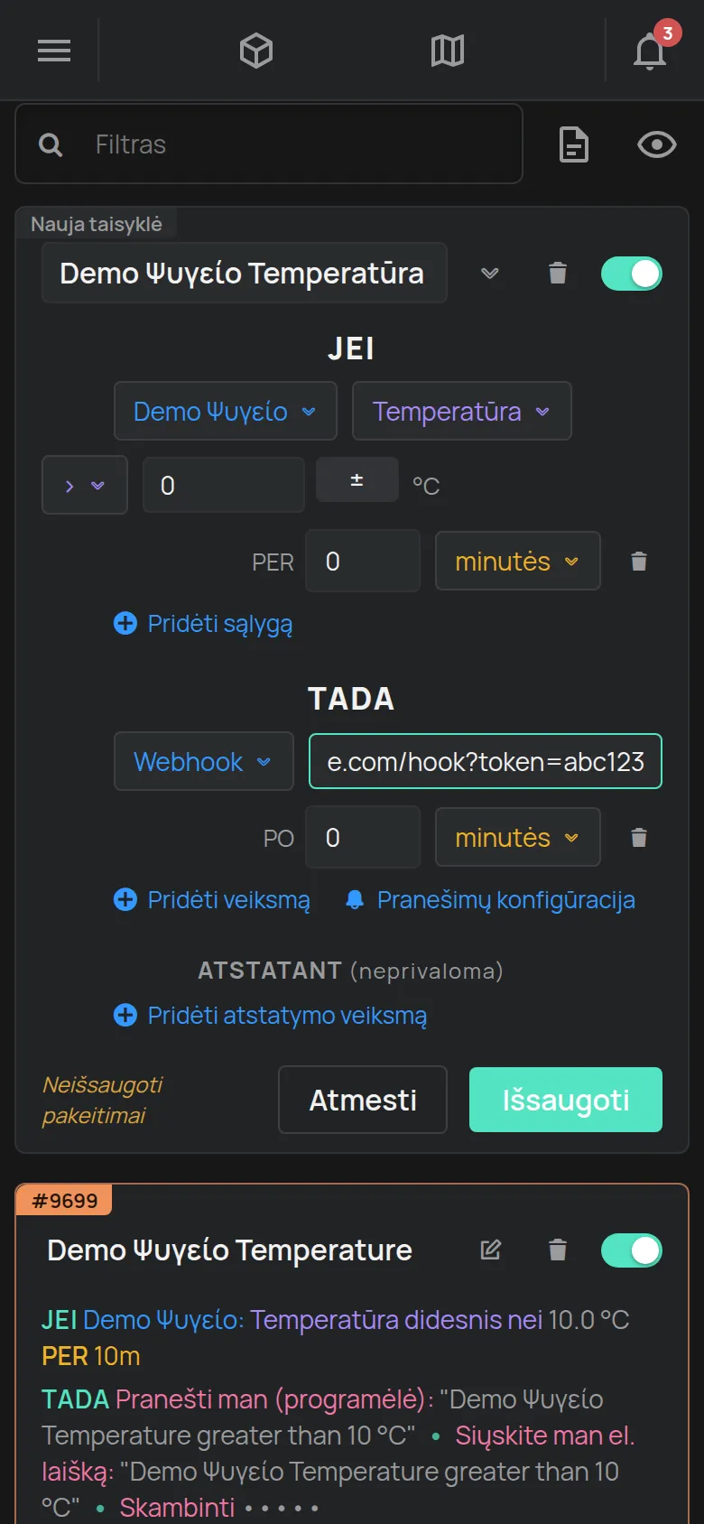 Taisyklės veiksmas Webhook su užpildytu lauku URL