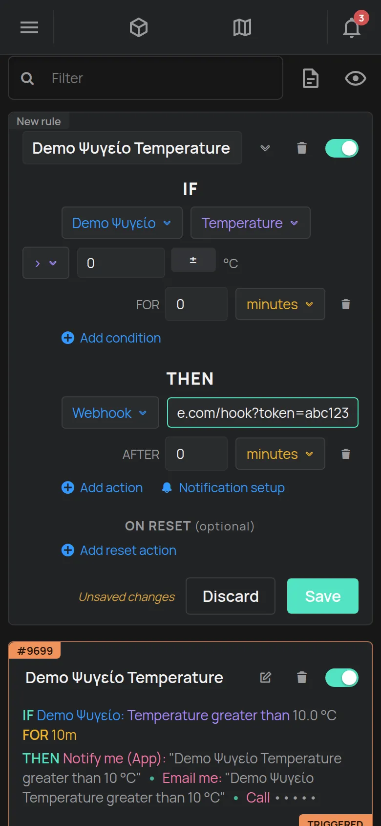 A rule action set to Webhook with the URL field filled in