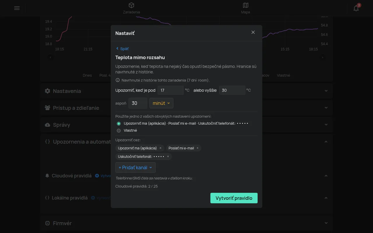 Sprievodca Teplota mimo rozsahu s limitmi, trvaním a kanálmi upozornení