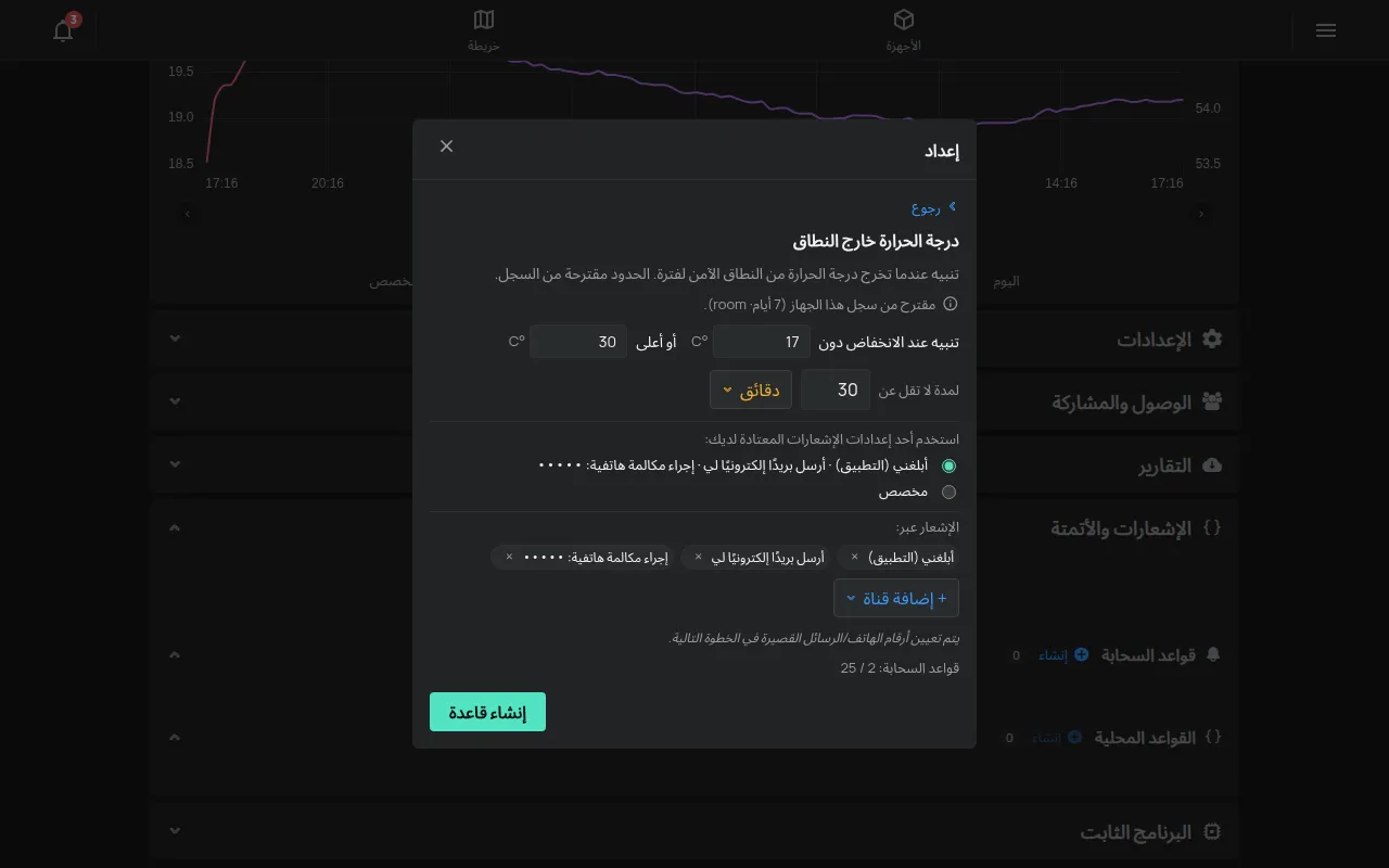 معالج درجة الحرارة خارج النطاق مع الحدود والمدة وقنوات الإشعار