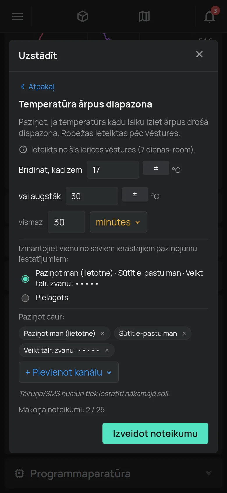 Vednis Temperatūra ārpus diapazona ar robežvērtībām, ilgumu un paziņojumu kanāliem