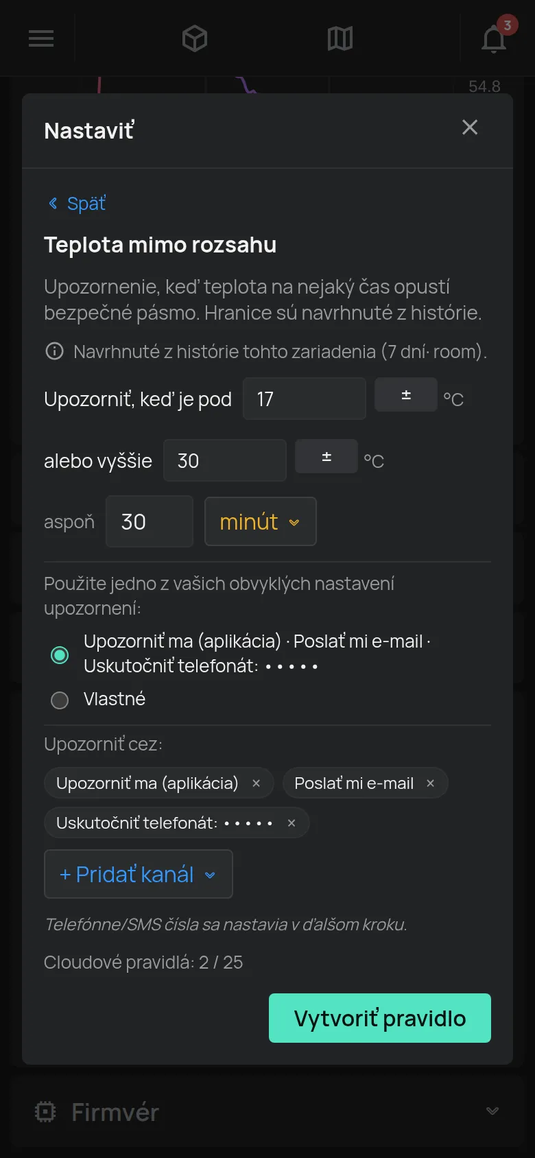 Sprievodca Teplota mimo rozsahu s limitmi, trvaním a kanálmi upozornení
