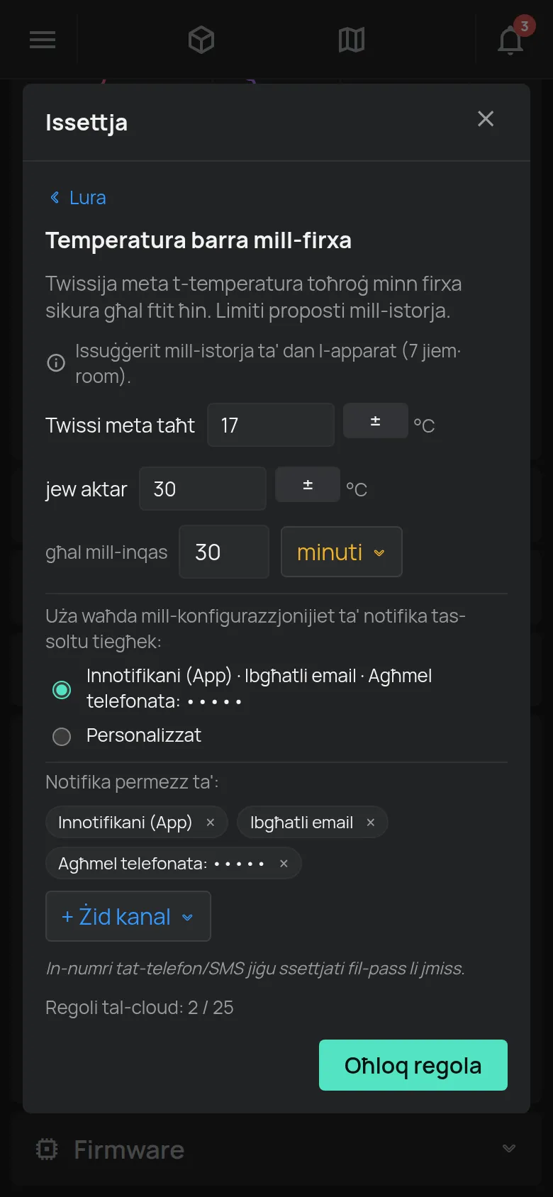 Il-wizard Temperatura barra mill-firxa bil-limiti, it-tul ta' ħin u l-kanali tan-notifika