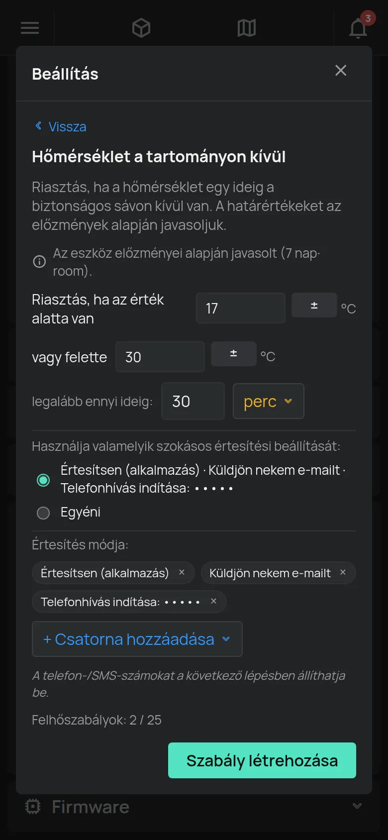 A Hőmérséklet a tartományon kívül varázsló a határértékekkel, az időtartammal és az értesítési csatornákkal