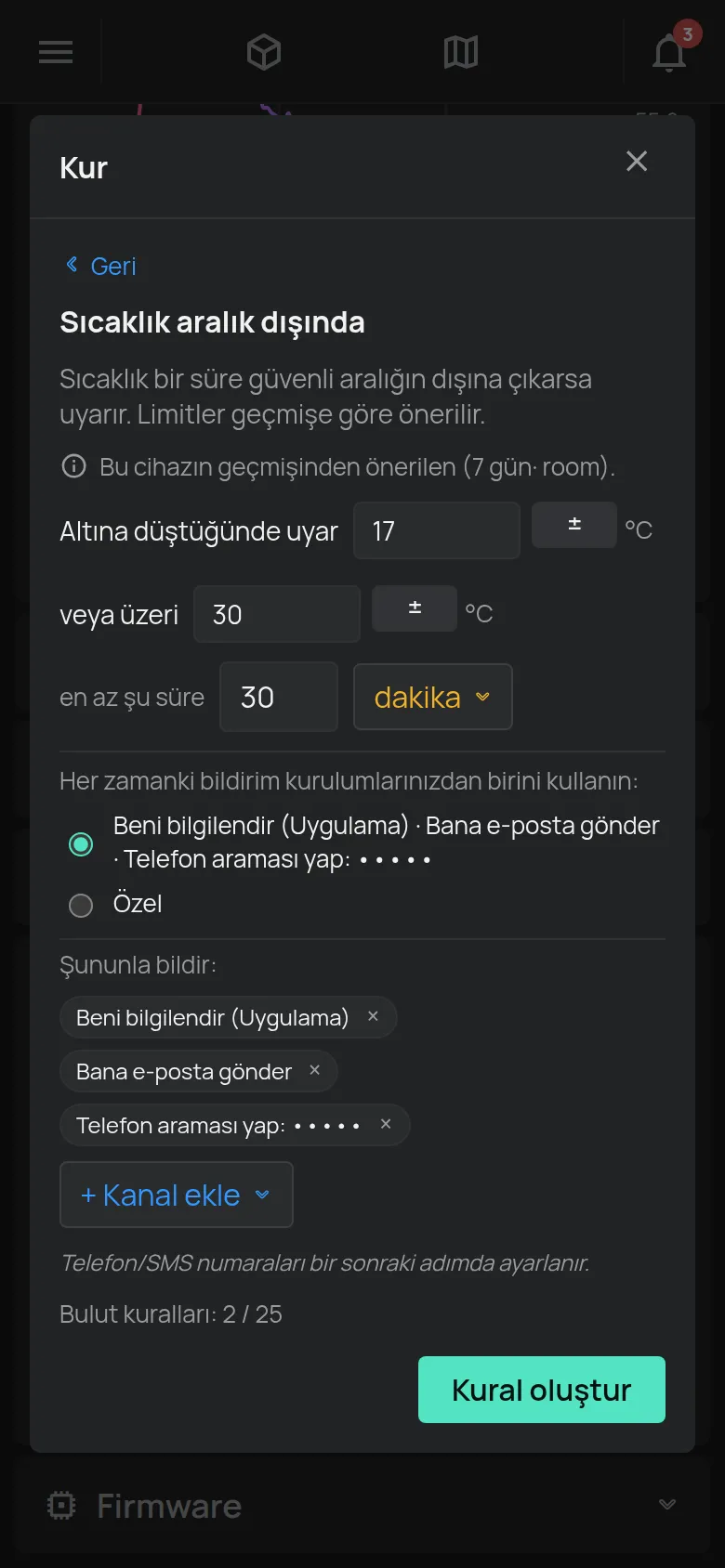 Sınırlar, süre ve bildirim kanallarıyla Sıcaklık aralık dışında sihirbazı