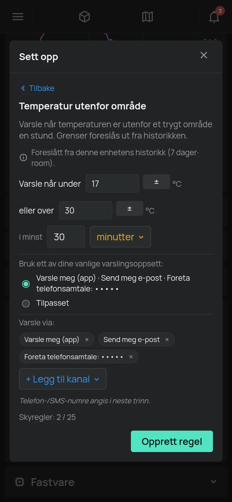 Veiviseren Temperatur utenfor område med grensene, varigheten og varselkanalene