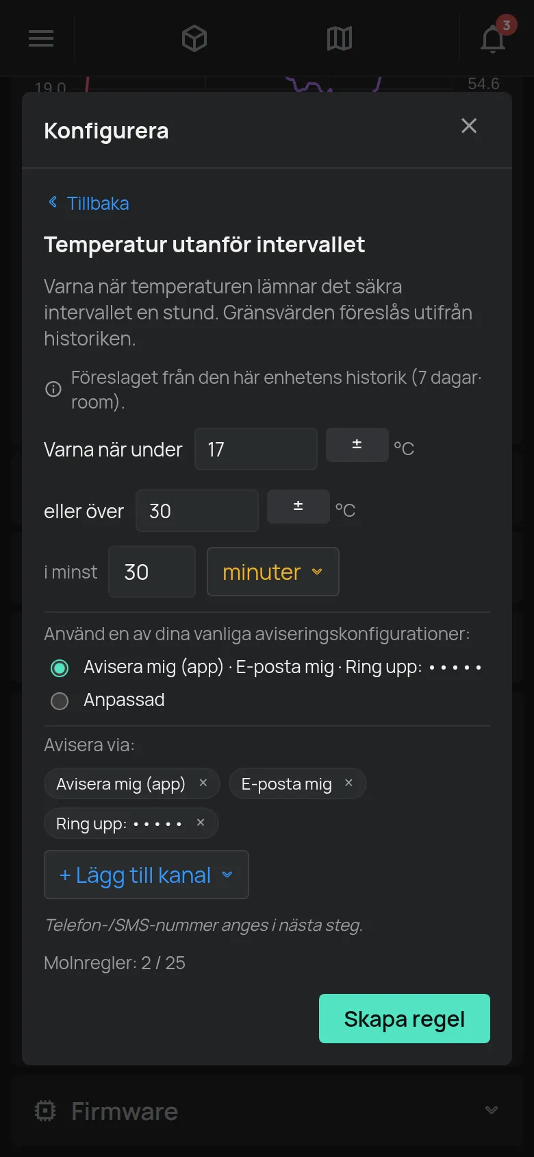 Guiden Temperatur utanför intervallet med gränserna, tidslängden och aviseringskanalerna
