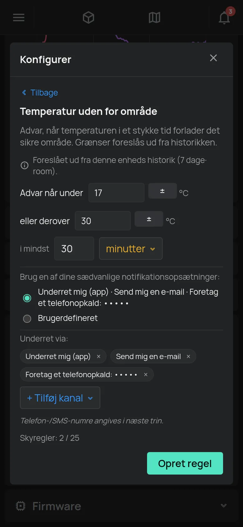 Guiden Temperatur uden for område med grænserne, varigheden og kanalerne til notifikationer