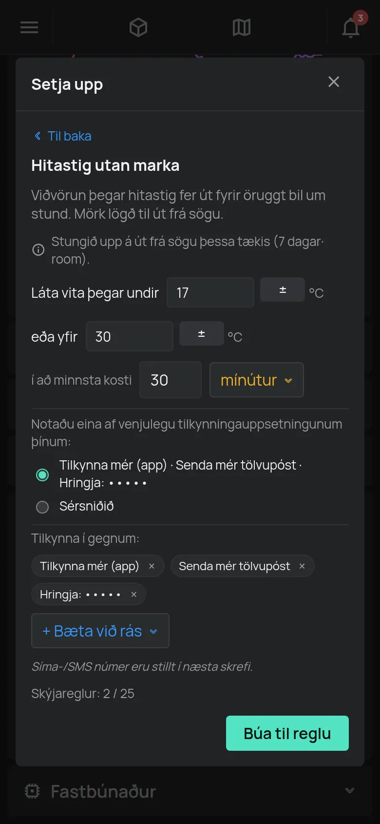 Leiðsögnin Hitastig utan marka með mörkunum, tímalengdinni og tilkynningarásunum