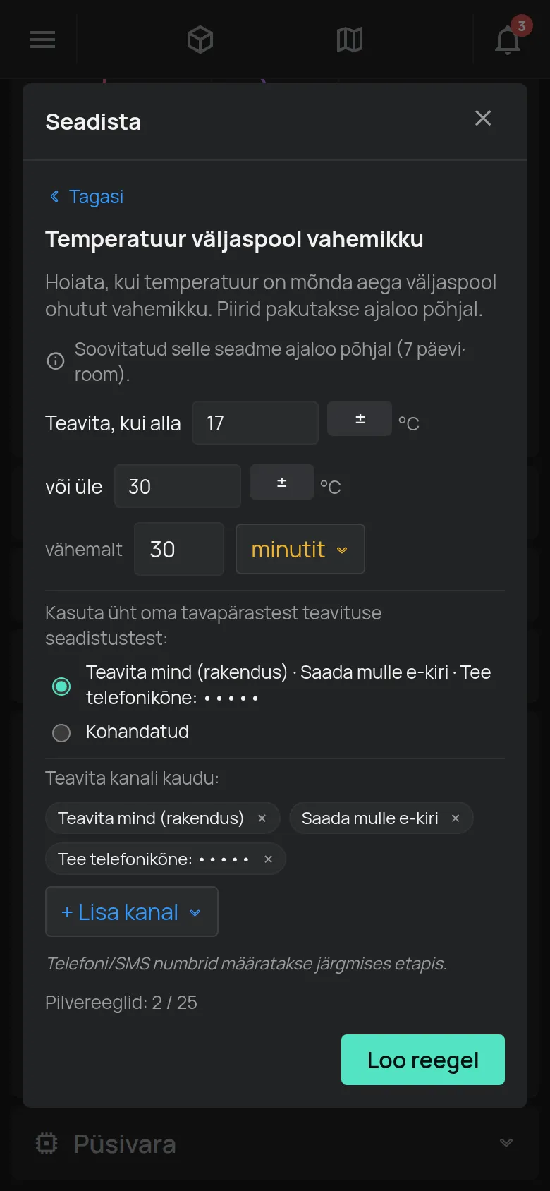 Viisard Temperatuur väljaspool vahemikku piiride, kestuse ja teavituskanalitega