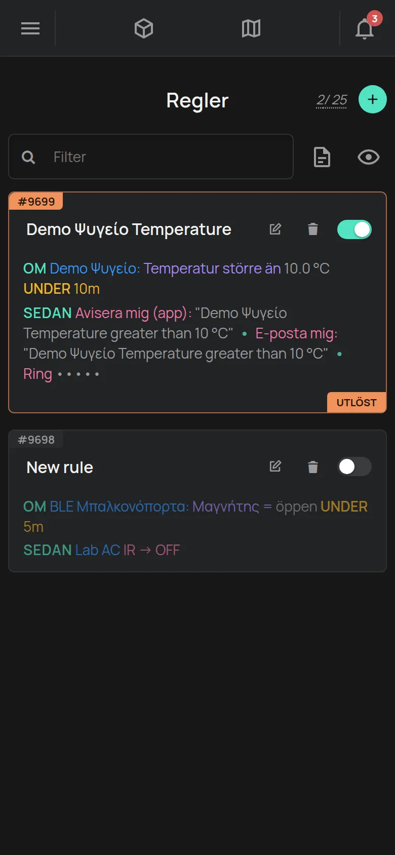 Sidan Regler med en temperaturregel som har utlösts