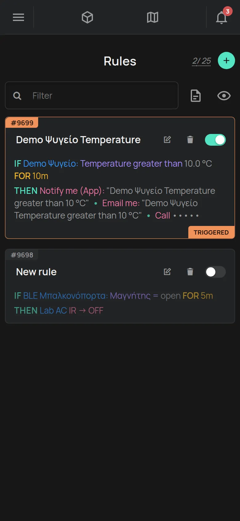 La página Reglas con una regla de temperatura que se ha activado
